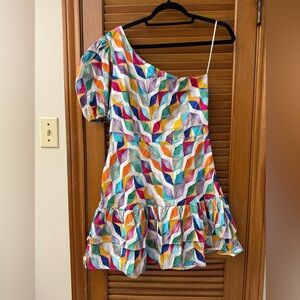 Willa Story Embroidered One Shoulder Ruffle Mini Dress — Size Small